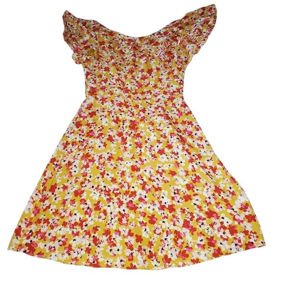2/$30 London Times Flutter Slv Knee-length Dress Mustard Magenta Floral Size 4 - Picture 1 of 11